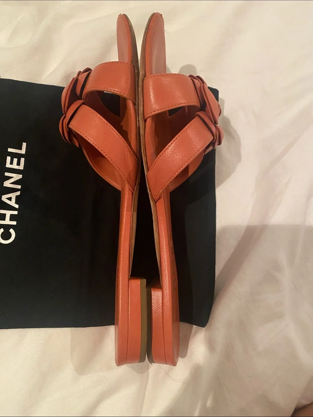 CHANEL Terracotta Camellia Leather Slide Sandals